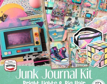 Peut inclure: Un kit de journal de rebut numérique de 32 pages avec des couleurs vives, des formes géométriques et des motifs d'inspiration rétro. Le kit comprend une variété d'éléments, tels qu'un téléviseur, des baskets, un boombox et une banane. Le texte "Junk Journal Kit Bright Lights & Big Hair" est affiché sur la face avant du kit.