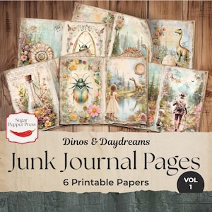 Páginas de diario de dinosaurios, vol. 1, kit de efímeras vintage con motivos florales, páginas para álbumes de recortes imprimibles, suministros para manualidades para niños JJ004