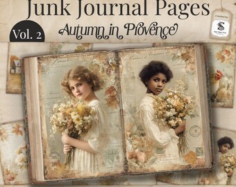 May include: Junk Journal Pages Vol. 2: Autumn in Provence. The image shows a vintage-style open book with two portraits of young people holding bouquets. The pages are decorated with floral and autumn-themed illustrations. The text reads "12 Printable Pages | Prints at 21.6cm x 27.9cm Letter Size."