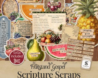 Scripture Scraps Junk Journal Ephemera | Fruit of the Spirit Printable, Jesus Faith Bible Verse, Vintage Christian Farm, Faith-Based DS002