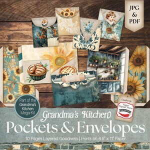Bolsos e envelopes para diário de culinária, receitas dobráveis em cascata da cozinha da vovó, álbum de recortes vintage, PDF chique e gasto, JPG SP055