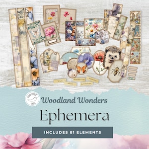 Efemere bosdieren | 81 vintage, bloemen, op de natuur geïnspireerde stukken in blauw en paars | Perfect voor scrapbooking | Directe download, SP001