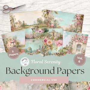 Papel de fondo con motivos de cabañas atemporales: kit de 5 collages de estilo cottagecore vintage únicos e imprimibles para álbumes de recortes, diario basura, 8,5 x 11, uso comercial SP015