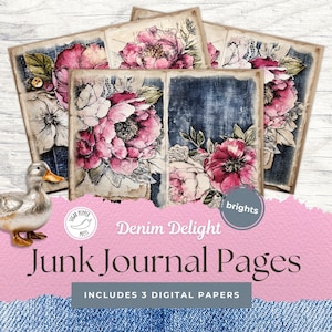 Páginas de diario de tela vaquera brillante / Boho floral y encaje / Scrapbooking / Flores rosa magenta intensas / Kit de técnica mixta vintage SP016