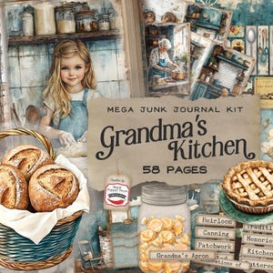 Receita Kitchen Junk Journal Mega Kit, Páginas imprimíveis de culinária da vovó, Papel de scrapbook vintage, Colagem digital, Shabby Chic Rustic SP055