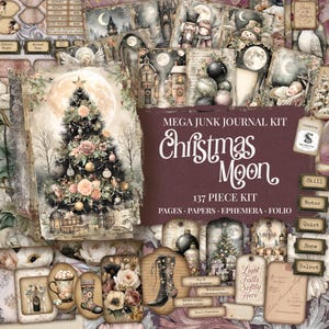 Könnte beinhalten: Ein weihnachtliches Junk-Journal-Kit mit einer großen Weihnachtsbaum-Illustration, einem Vollmond und dem Text "Christmas Moon". Das Kit enthält Seiten, Papier, Ephemera und ein Folio. Die Farbpalette ist weich, mit gedämpften Tönen.