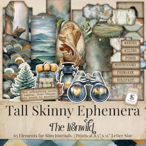 Könnte beinhalten: Eine Sammlung hoher, schmaler Ephemera-Elemente für schlanke Journale. Das Design zeigt Illustrationen eines Bären, Berge, einen Rucksack, eine Laterne, ein Fernglas und Text, der "Tall Skinny Ephemera" und "The Ironwild" lautet.