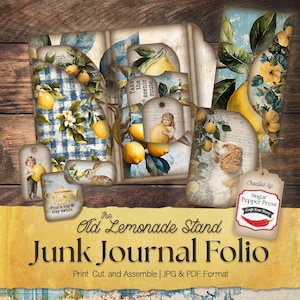 Junk Journal Folio, Digital Cottagecore, Vintage Lemon Ephemera, Bolsos, Cartões, Rústico Shabby Chic, Download instantâneo SP052