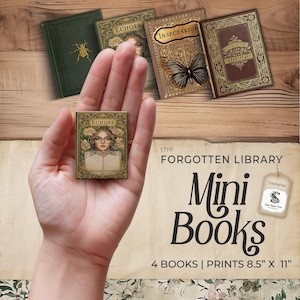 May include: Four printable mini book covers featuring vintage illustrations and text. The covers are titled "Echoes", "Insectarium", "Natural History", and "Shakespeare". The prints are 8.5 inches by 11 inches.