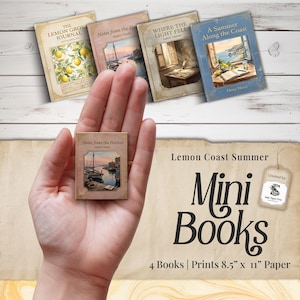 May include: A hand holds a miniature book titled "Notes from the Harbor" with a harbor scene. Surrounding it are other mini books with titles like "The Lemon Grove Journal" and "A Summer Along the Coast." The image also displays "Mini Books" text.