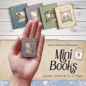 Könnte beinhalten: Eine Hand hält ein Miniaturbuch mit dem Titel "The Bench at the End of June" mit einer detaillierten Illustration. Drei weitere Mini-Bücher mit verschiedenen Titeln und Illustrationen sind zu sehen. Das Bild enthält auch den Text "Open Window Mornings" und "Mini Books".