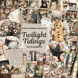 Moody Weihnacht Junk Journal Kit Twilight Tidings, 101 Elemente, Gothic Ephemera, Dark Winter Folio, Shabby Chic Urlaub Kunst SP032