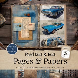 以下が含まれることがあります： ヴィンテージスタイルのイラストとエフェメラが描かれた開いた本。左ページには、重ねられた紙の要素とボタンがあります。右ページには、3台の青いクラシックカーが描かれています。「Road Dust & Rust Pages & Papers」のテキストが表示されています。