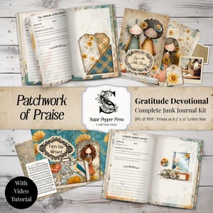 Può includere: Un kit completo di diario spazzatura con un tema devozionale di gratitudine. Il kit include diari aperti, tag e biglietti decorativi con illustrazioni floreali e di bambole. Il testo include "Patchwork of Praise", "Gratitude Devotional".