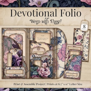 May include: A vintage-style Devotional Folio print featuring floral designs in shades of purple, pink, and blue. The folio includes pockets and tags with inspirational quotes and the text "Weep with Those". The print is designed for assembly and is sized at 8.5" x 11".
