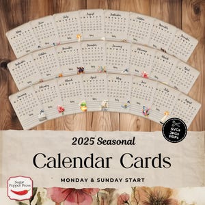 Cartões de recarga de calendário de mesa 2025, mesa mensal pequena, cartões de diário de lixo, 3"x4", JPG, PDF, SVG, cartões de planejador, aquarela sazonal