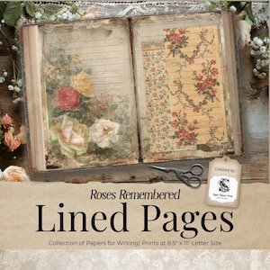 Lined Junk Journal Pages Vintage Roses, Victorian Printable Vintage Floral Papers Digital Download, Cottagecore Ephemera Scrapbook JJ012