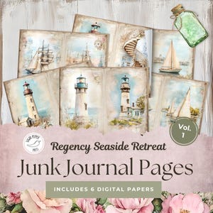 Regency Seaside Retreat ongewenste dagboekpagina's | Nautical Lighthouse Vintage Travel Scrapbook Kit Coastal Cottage Carousel Horse Shopfront SP021