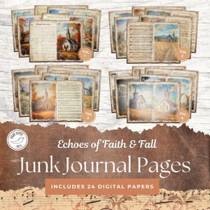 Hymne Old Church Junk Journal Bundle de pages Echoes of Faith & Fall | Kit de scrapbooking Christian Fleurs sauvages vintage de la campagne d'automne Merci SP019
