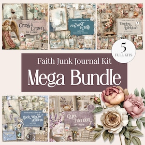 May include: A Faith Junk Journal Kit Mega Bundle featuring five distinct sets: Cross & Crown, Anchored in Truth, Timeless Hallelujah, Open Window Mornings, and Quiet Intention. The collection includes various paper ephemera, floral motifs, and vintage-style illustrations, accented by a cluster of pink and white peony flowers.