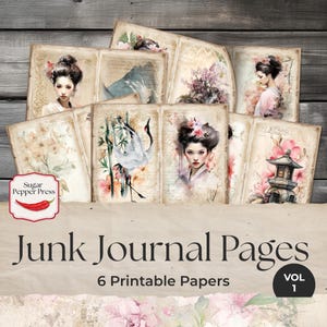Páginas de diario basura japonesas antiguas, kit de papel para álbum de recortes digital, efímera japonesa, fondo asiático imprimible, geisha guerrera samurái SP040