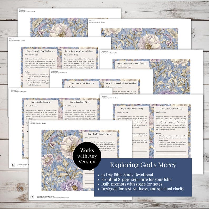 May include: A collection of printed devotional pages with floral patterns and text. The pages are arranged on a white surface. The text includes "Exploring God's Mercy" and details about the devotional.