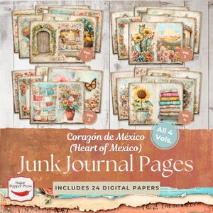 Heart of Mexico Junk Journal Pages Bundle | Vibrant Floral, Butterfly, Cactus & Fountain Scenes, Digital Scrapbook Paper Pack SP039