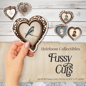 May include: A collection of heart-shaped fussy cuts with vintage-style images. The cuts feature ornate gold frames with various illustrations, including a bluebird, floral arrangements, and portraits. The text "Heirloom Collectibles" and "Fussy Cuts" are also visible.