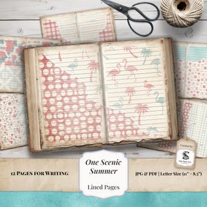 May include: An open book with lined pages featuring flamingo and palm tree designs in pink and blue. The book is surrounded by other pages with similar patterns and a pair of scissors and twine. Text on the image reads "One Scenic Summer" and "12 Pages for Writing".