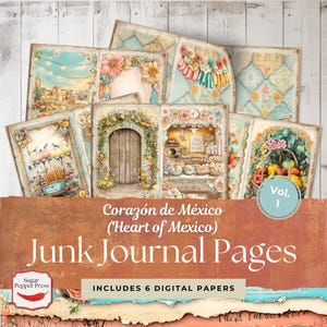 Herz von Mexiko Junk Journal Seiten | Vintage-inspiriertes Digital Kit | Mexikanische Volkskunst Scrapbook Printable | 6 Herunterladbare Designs SP039