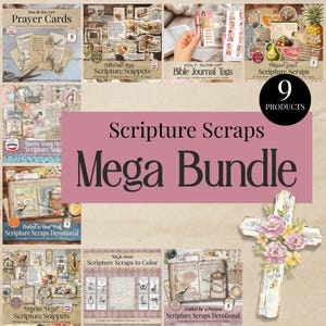 Puede incluir: Un mega paquete digital de 9 productos de scrapbooking de escrituras que incluye varios elementos imprimibles, etiquetas de diario, tarjetas de oración y páginas devocionales con temas florales, de café y religiosos, incluida una cruz decorativa con flores rosas.