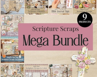 May include: A digital mega bundle of 9 scripture scrapbooking products featuring various printable elements, journal tags, prayer cards, and devotional pages with floral, coffee, and religious themes, including a decorative cross with pink flowers.