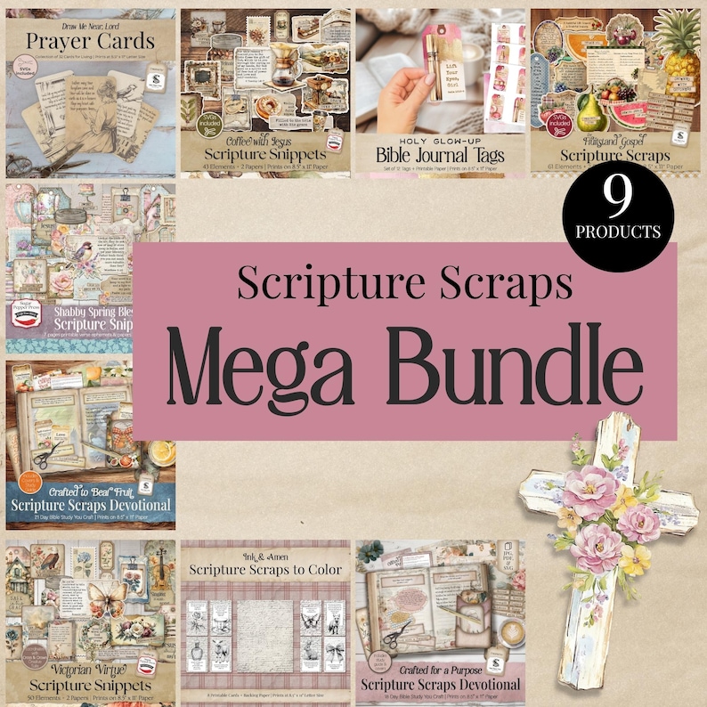 Puede incluir: Un mega paquete digital de 9 productos de scrapbooking de escrituras que incluye varios elementos imprimibles, etiquetas de diario, tarjetas de oraci&oacute;n y p&aacute;ginas devocionales con temas florales, de caf&eacute; y religiosos, incluida una cruz decorativa con flores rosas.