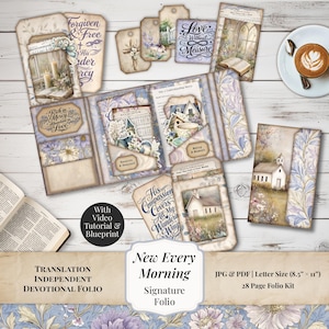 May include: A devotional folio kit with a floral and watercolor design. The kit includes tags, pockets, and a booklet with the text "Forgiven & Free", "Love Without Measure", and "New Every Morning". The kit is letter size (8.5" x 11") and includes a video tutorial.