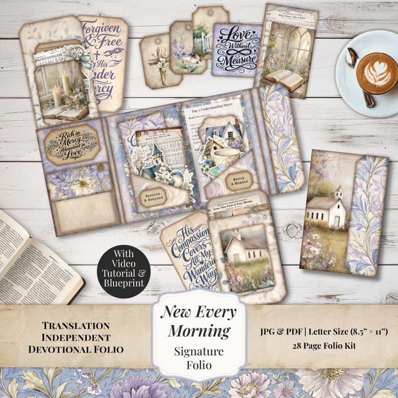 May include: A devotional folio kit with a floral and watercolor design. The kit includes tags, pockets, and a booklet with the text "Forgiven & Free", "Love Without Measure", and "New Every Morning". The kit is letter size (8.5" x 11") and includes a video tutorial.