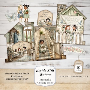 Puede incluir: Una colección de efímeros de papel para un proyecto de folio de cabaña, con ilustraciones de niños, una casa y detalles florales. El texto incluye "There is Always Room at His Table", "Sometimes His Grace Looks Like a Nap" y "and I will dwell in the house of the Lord forever."