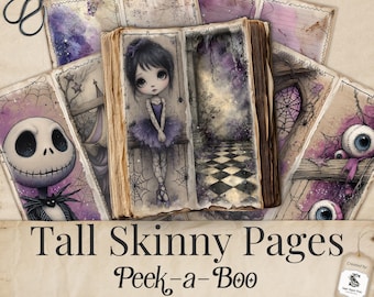 May include: A collection of illustrated pages for junk journals, featuring a gothic theme. The pages showcase a ballerina, Jack Skellington, and other spooky elements. The text on the image reads "Tall Skinny Pages Peek-a-Boo" and "Prints at 8.5" x 11" Letter Size".