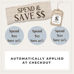 May include: Promotional graphic with text "SPEND & SAVE $$". Includes three blue circles with spending tiers: Spend $10, Save 30%; Spend $15, Save 40%; Spend $20, Save 50%. Text "AUTOMATICALLY APPLIED AT CHECKOUT" is also present.