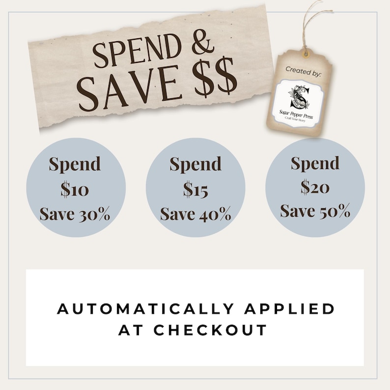 May include: Promotional graphic with text "SPEND & SAVE $$". Includes three blue circles with spending tiers: Spend $10, Save 30%; Spend $15, Save 40%; Spend $20, Save 50%. Text "AUTOMATICALLY APPLIED AT CHECKOUT" is also present.