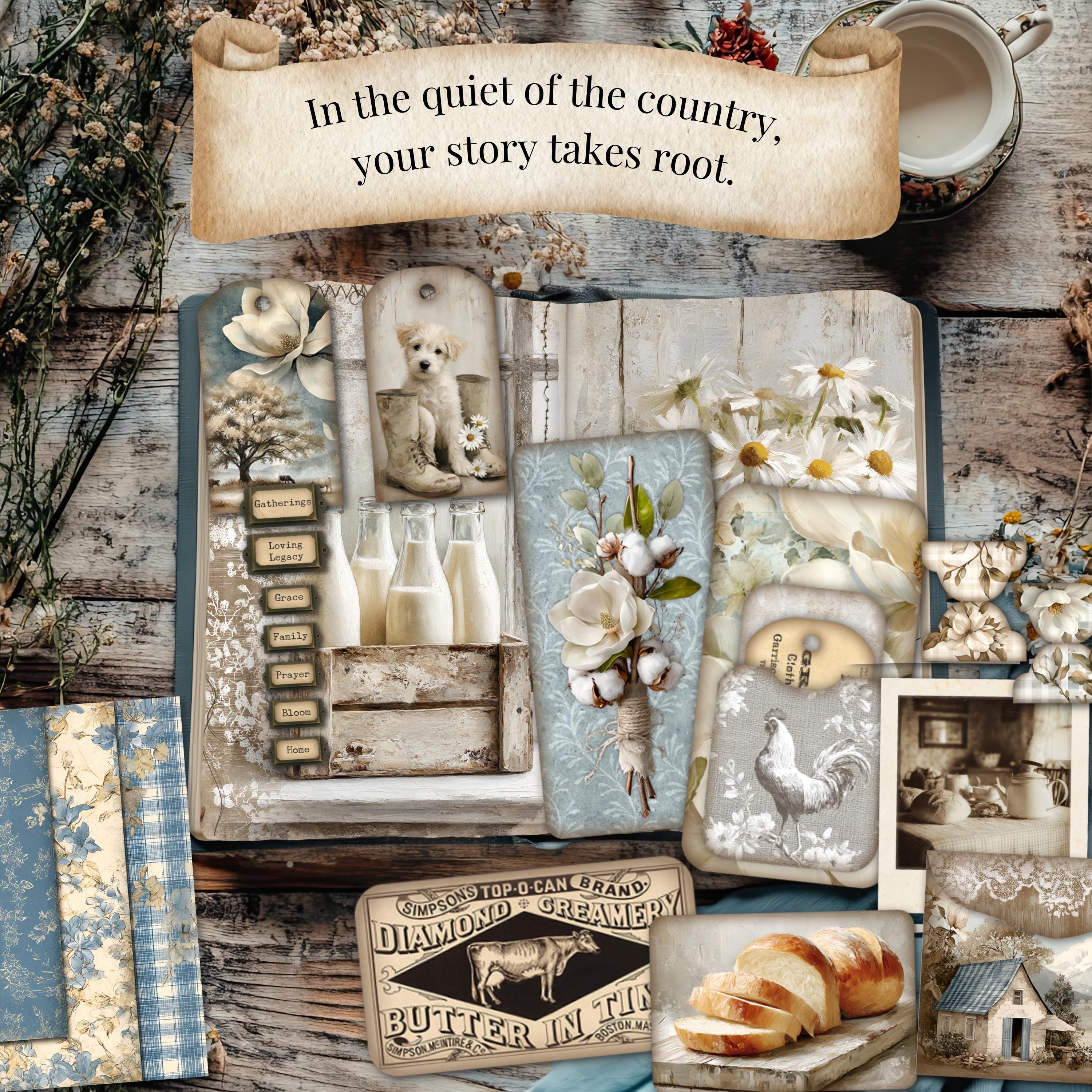 Farmhouse Junk Journal Mega Kit, Shabby Chic Cottagecore Ephemera ...