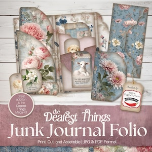 Denim Junk Journal Folio Kit, druckbare digitale Collage Seiten, Vintage Ephemera Blätter, Shabby Chic Scrapbooking, Bauernhof Waldtiere SP062