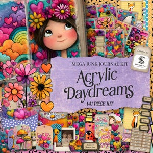 May include: A colorful Mega Junk Journal Kit titled "Acrylic Daydreams" with a girl illustration, flowers, hearts, and the text "141 Piece Kit." The kit includes various decorative elements.