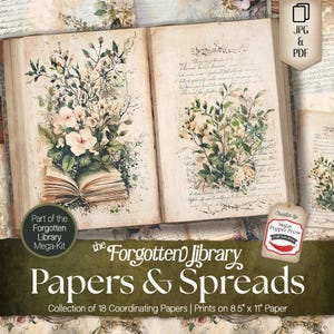 Papeles de fondo para diarios basura de biblioteca, páginas imprimibles digitales de curiosidades de armarios abandonados, descarga de álbum de recortes de naturaleza de libros antiguos SP056