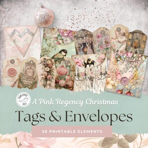 Buste con etichette natalizie Regency rosa / Download digitale Elegante vintage Festivo Pastello Romantico Argento Vacanza Istantanea SP011