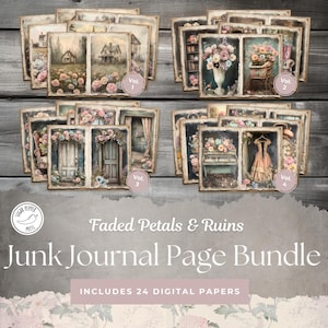 Paquete de páginas para diario de basura de casa abandonada: pétalos y ruinas, estilo vintage shabby chic, floral, desgastado, Halloween, gótico, descarga instantánea SP022