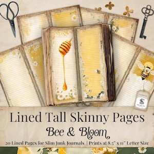 May include: Lined paper pages with a bee and bloom theme, featuring a honey dipper illustration, daisies, and bees. The image includes the text "Lined Tall Skinny Pages Bee & Bloom". Also includes a pair of scissors and a key.