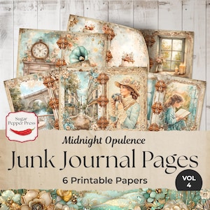 Diario basura de Nochevieja, papel imprimible con estrellas vintage, elegante álbum de recortes digital, páginas invernales extravagantes, purpurina verde azulado crema JJ002