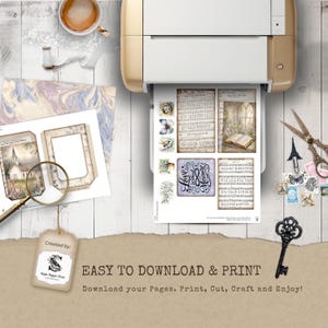 May include: A printer is shown printing vintage-style scrapbook paper with images of butterflies, sheet music, and a church. Other items include a cup of coffee, scissors, a key, and a magnifying glass. The text "EASY TO DOWNLOAD & PRINT" is visible.