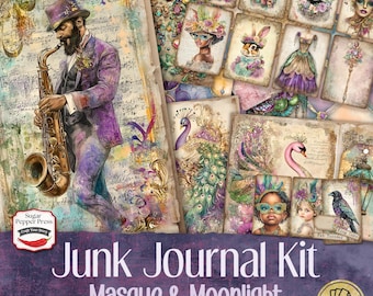 May include: A digital junk journal kit with 32 pages featuring a colorful, whimsical theme. The kit includes images of a peacock, a swan, a masked woman, a raccoon, a musical note, and a man playing a saxophone. The text "Junk Journal Kit Masque & Moonlight" is printed on the front of the kit.