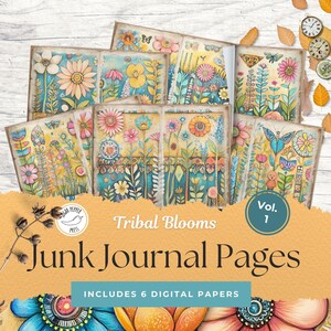 Pagine di diario spazzatura con fiori selvatici, boho tribali, vol. 1 / 6 carte digitali / rosa, arancione, turchese, giallo, patchwork stravagante SP004